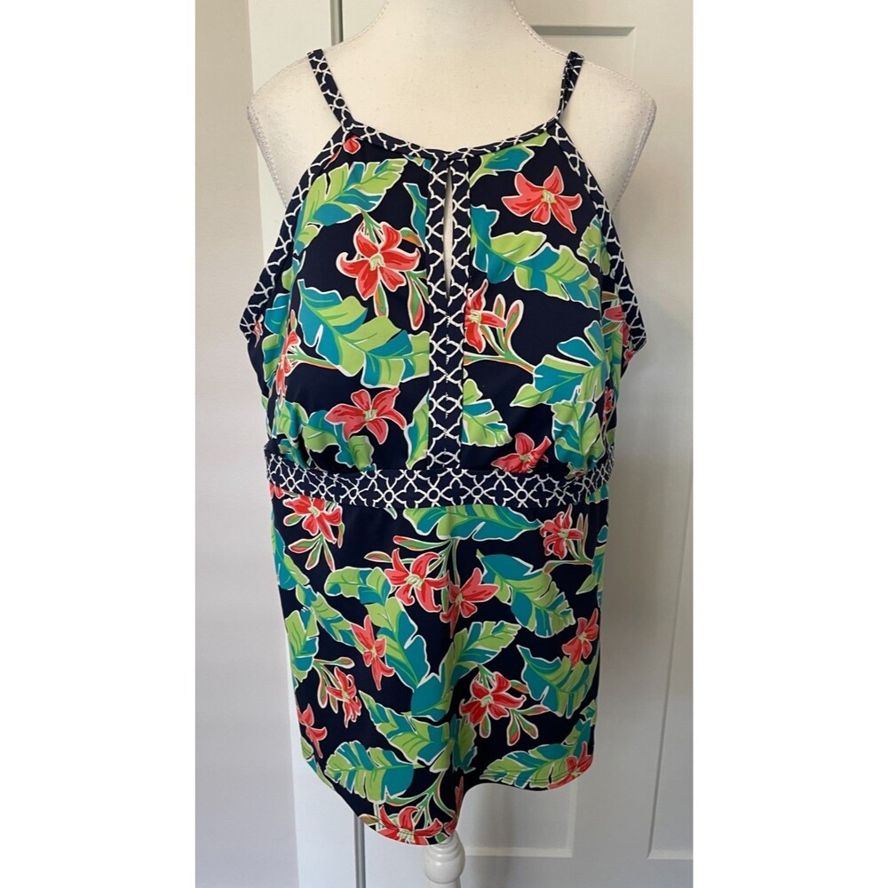 LANDS END Womens SWIM TOP Bathing Suit BLUE Green FLORAL Built-In Bra Size 18